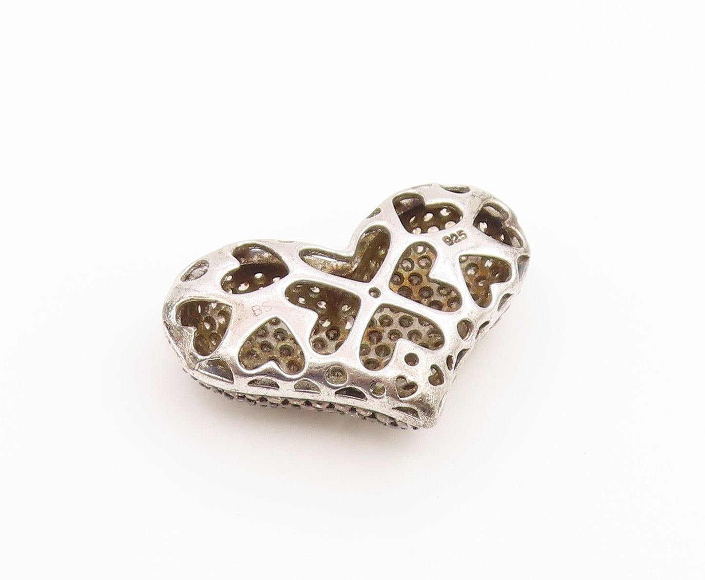 925 Sterling Silver Vintage Pendant Champagne CZ Pave Love Heart Charm  PT26606