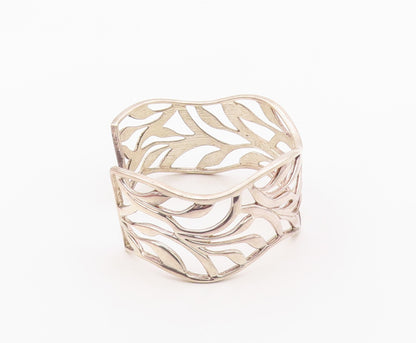 925 Sterling Silver Vintage Bracelet Modernist Wavy Leaf Cutout Cuff  BT12133