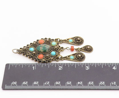 925 Sterling Silver Vintage Pendant Gold Plated Turquoise & Gemstones  PT24605