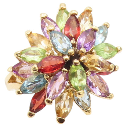925 Sterling Silver Vintage Ring Gold Plated Multi Gemstone Flower Sz 7 RG36528