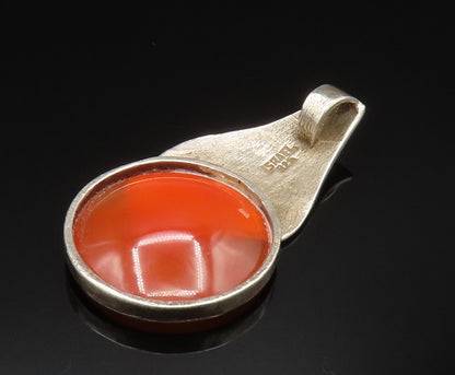 ISRAEL 925 Silver   Vintage Inlaid Carnelian Smooth Leaf Drop Pendant  PT20582