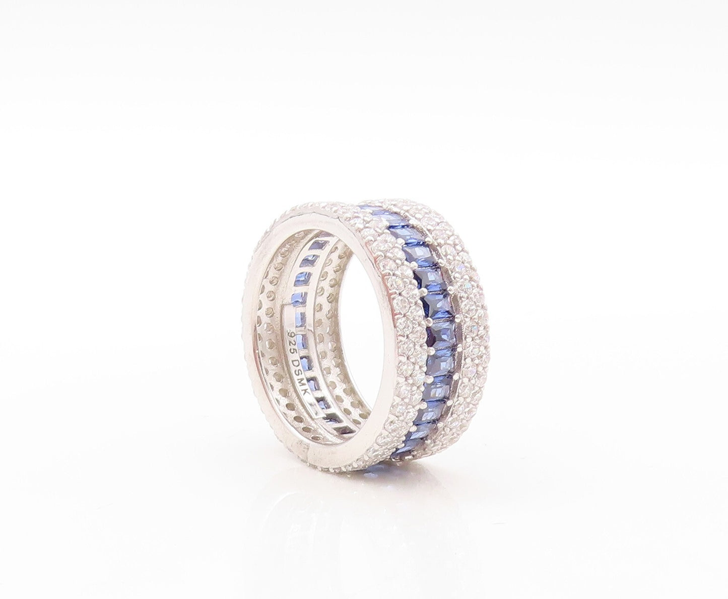 925 Sterling Silver Vintage Ring Rectangle Sapphire & CZ Bands  Sz 7.5  RG30913