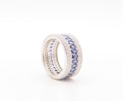 925 Sterling Silver Vintage Ring Rectangle Sapphire & CZ Bands  Sz 7.5  RG30913