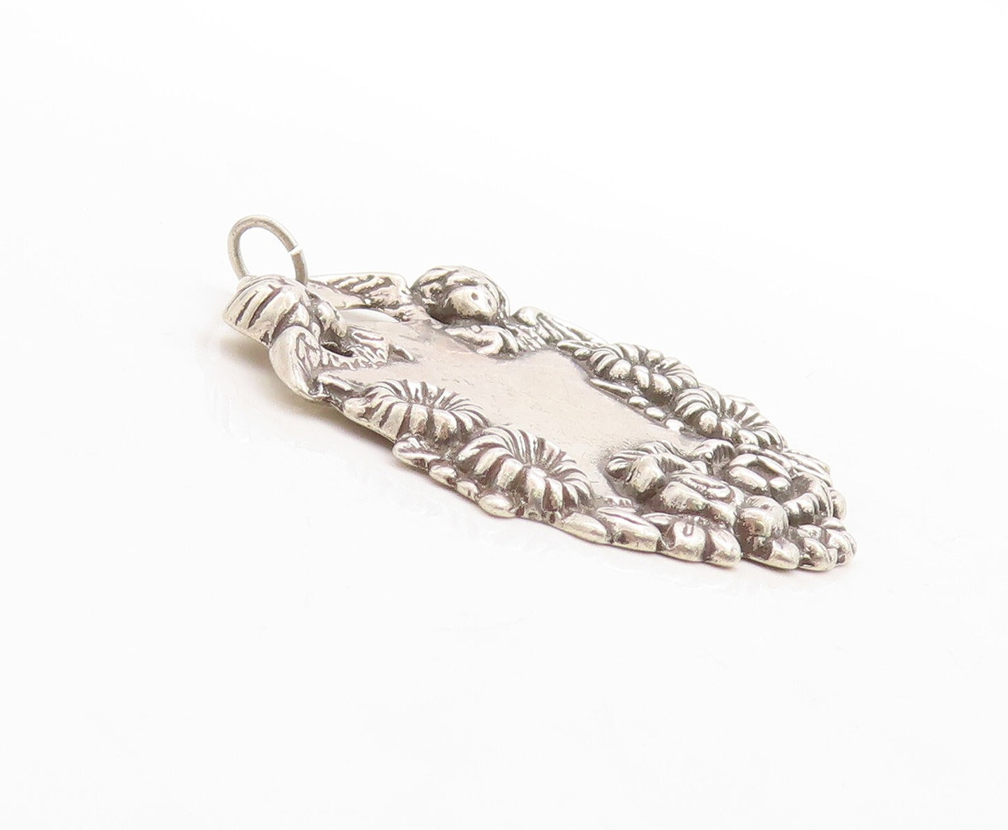 925 Sterling Silver Vintage Pendant Dark Tone Floral Border Carved  PT23735
