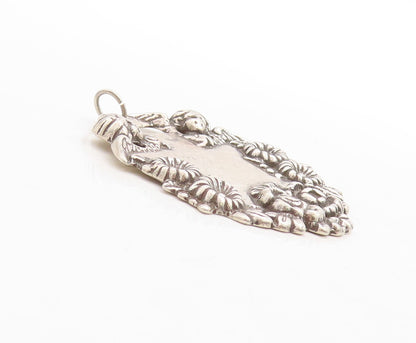 925 Sterling Silver Vintage Pendant Dark Tone Floral Border Carved  PT23735