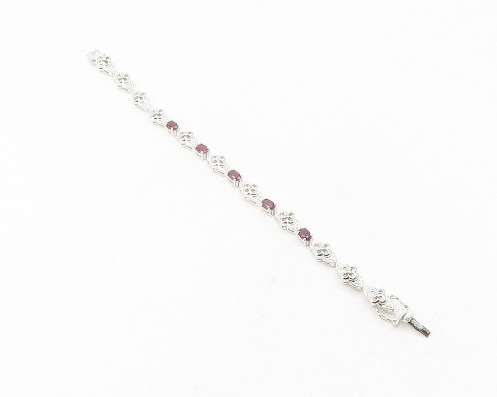 925 Sterling Silver  Red Topaz & Genuine Diamonds Floral Chain Bracelet BT4741