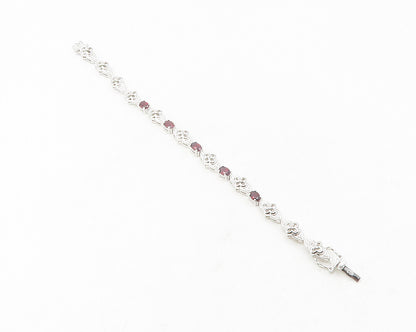 925 Sterling Silver  Red Topaz & Genuine Diamonds Floral Chain Bracelet BT4741