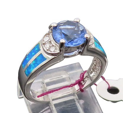 925 Silver  Vintage Inlay Fire Opal Oval Blue 7 White CZ Ring Sz 6  RG26928