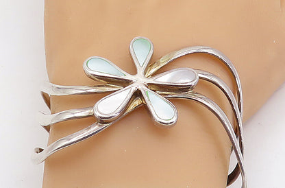 925 Sterling Silver  Vintage Mother Of Pearl Flower Split Cuff Bracelet BT2258