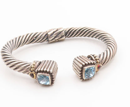 14k Gold & 925 Sterling Silver Vintage Bracelet Faceted Blue Topaz Cuff  BT11761