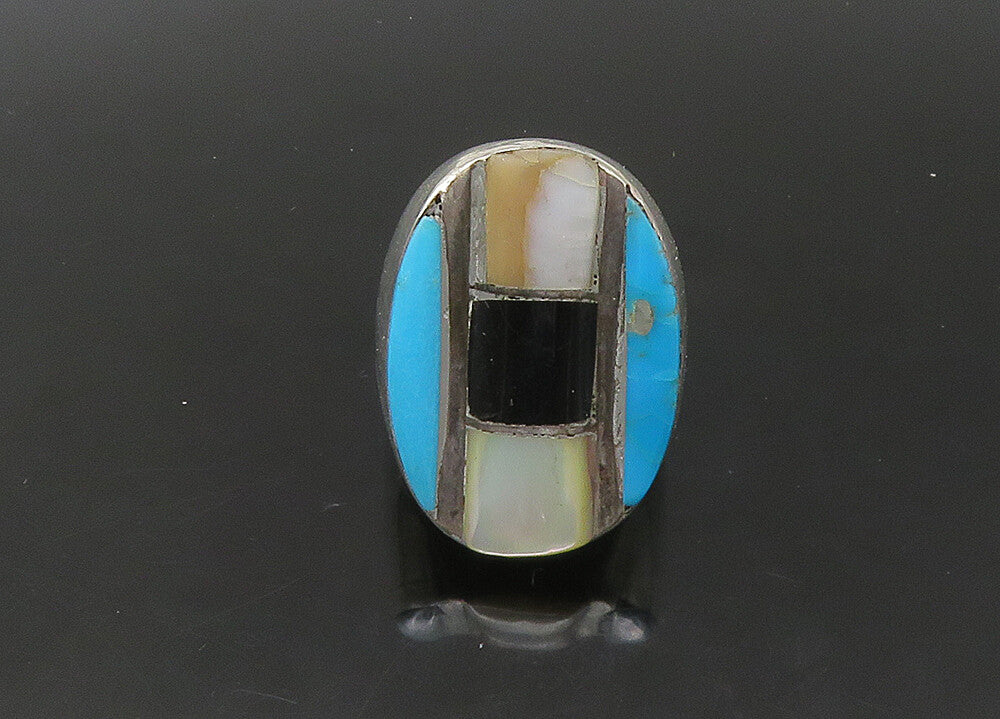 ZUNI NAVAJO 925 Silver  Vintage Heavy Multi Stone Band Ring Sz 11  RG22545