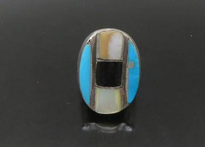 ZUNI NAVAJO 925 Silver  Vintage Heavy Multi Stone Band Ring Sz 11  RG22545