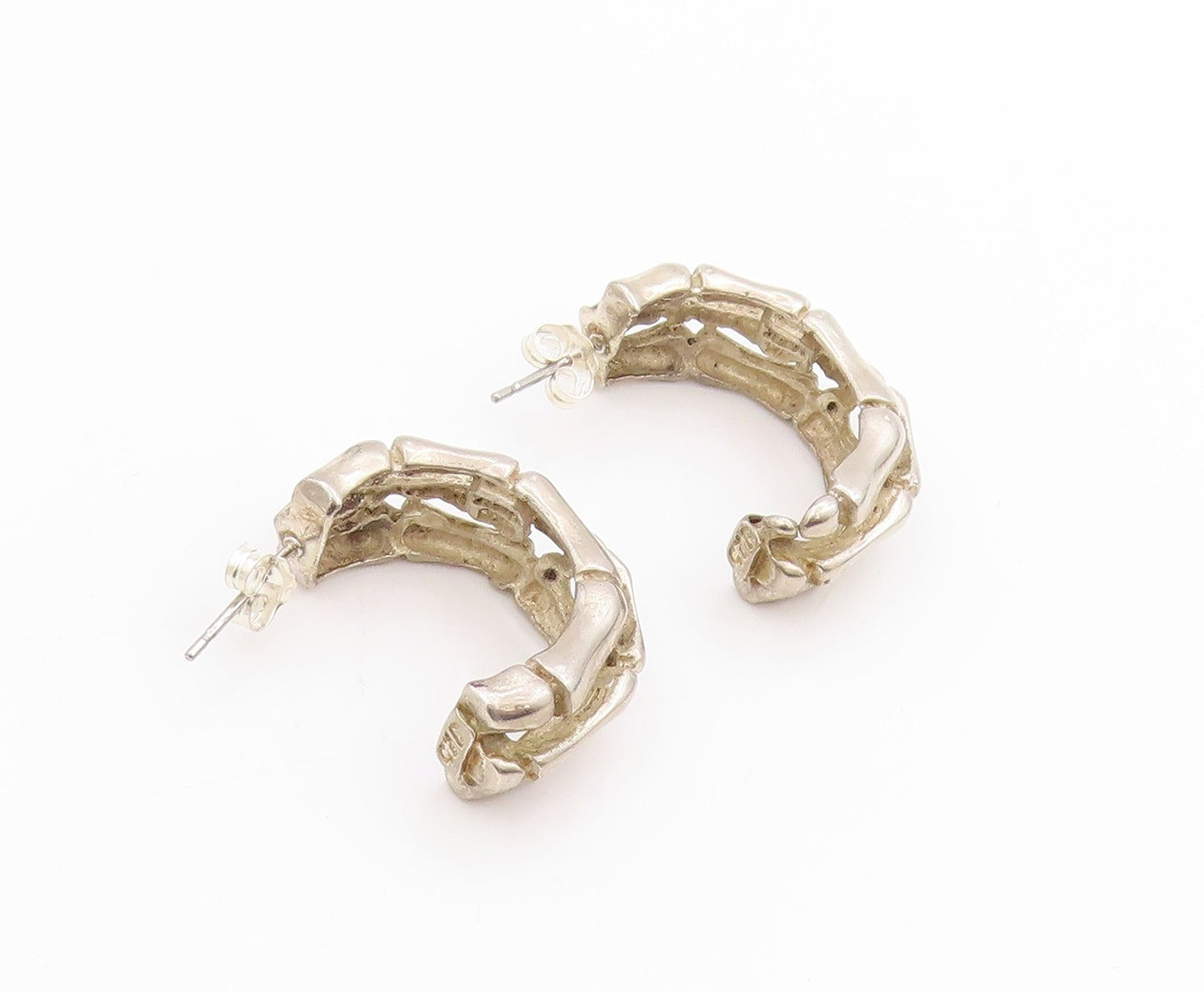 925 Sterling Silver Vintage Earrings Solid Textured Bamboo Design Hoops  EG13685