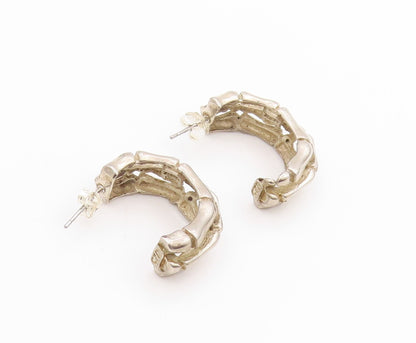 925 Sterling Silver Vintage Earrings Solid Textured Bamboo Design Hoops  EG13685