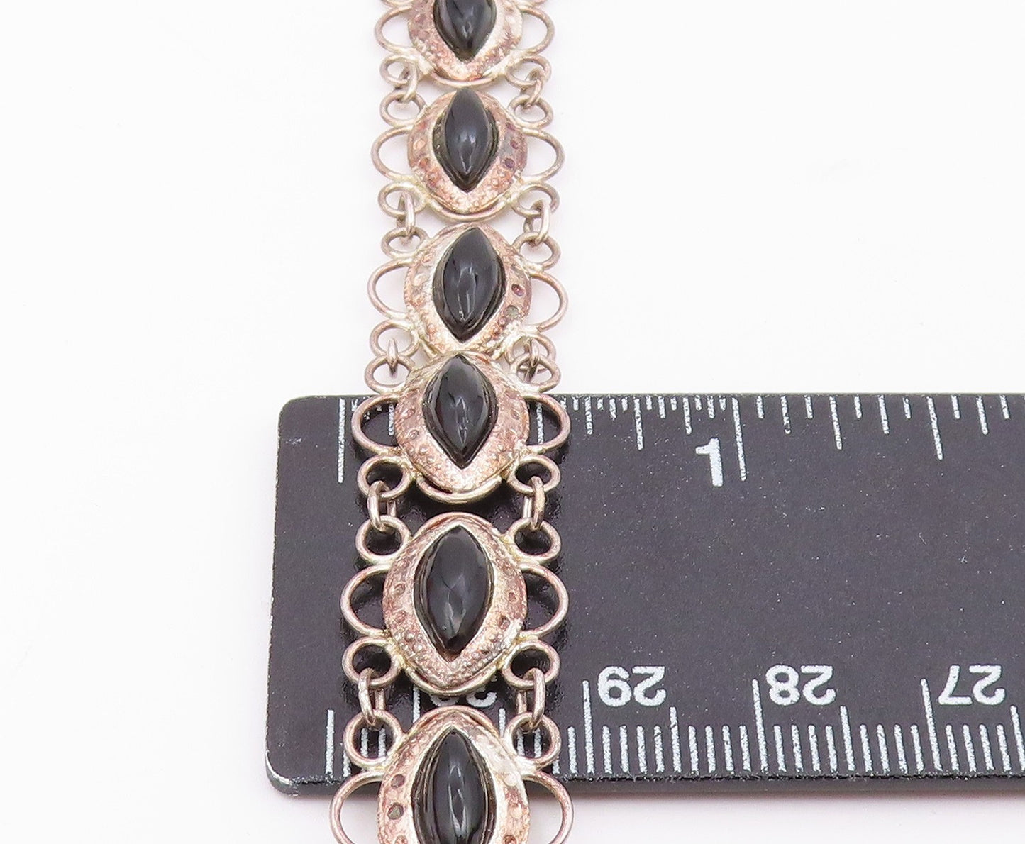 925 Silver  Vintage Open Circle Edge Marquise Black Onyx Chain Bracelet BT9559