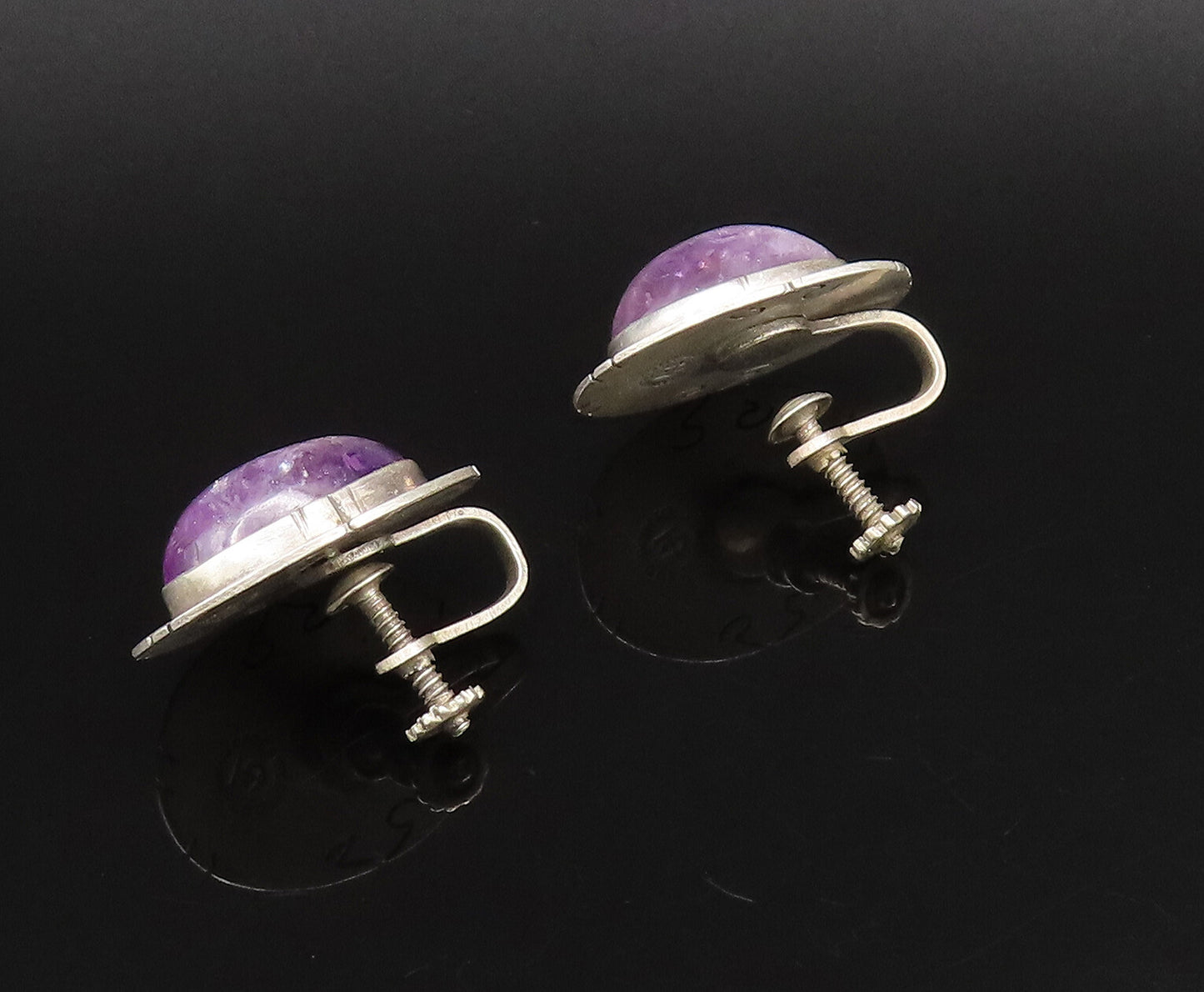 CASTILLO 925 Silver  Vintage Etched Frame Amethyst Screw Back Earrings EG12190