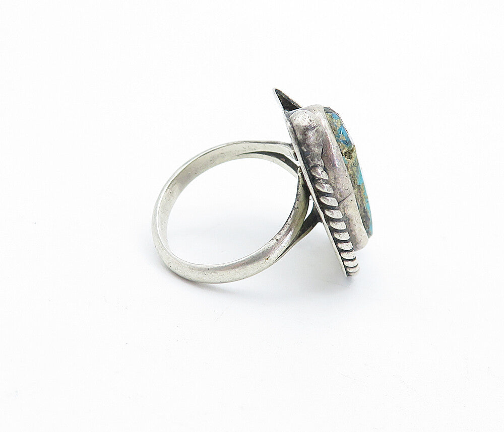 NAVAJO 925 Sterling Silver  Vintage Turquoise Floral Cocktail Ring Sz 8 RG5306