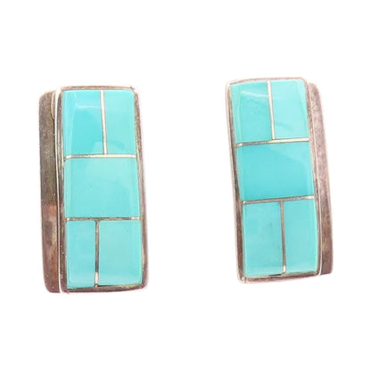 925 Sterling Silver Vintage Earrings TEME NAVAJO Rectangle Larimar Inlay EG13336