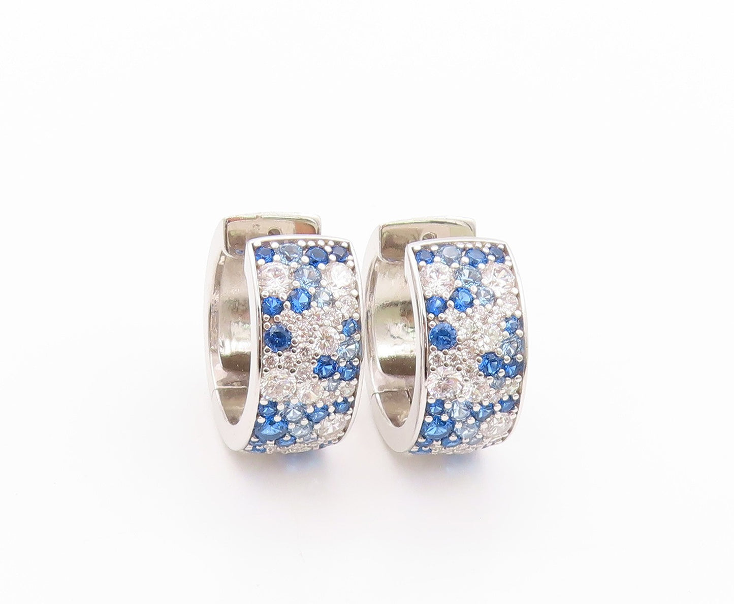 925 Sterling Silver Vintage Earrings Blue & White CZ Inlay Broad Hoops  EG13545