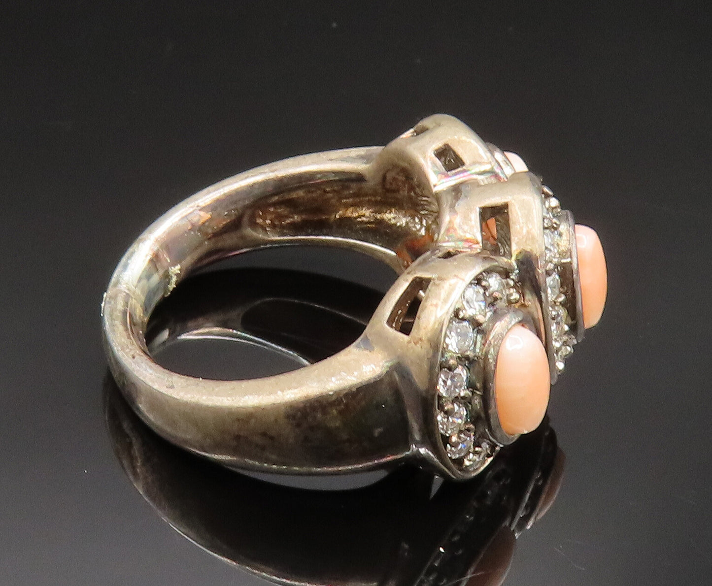 ESPO 925 Silver Vintage Rhodochrosite & Cubic Zirconia Ring Sz 6 RG24739