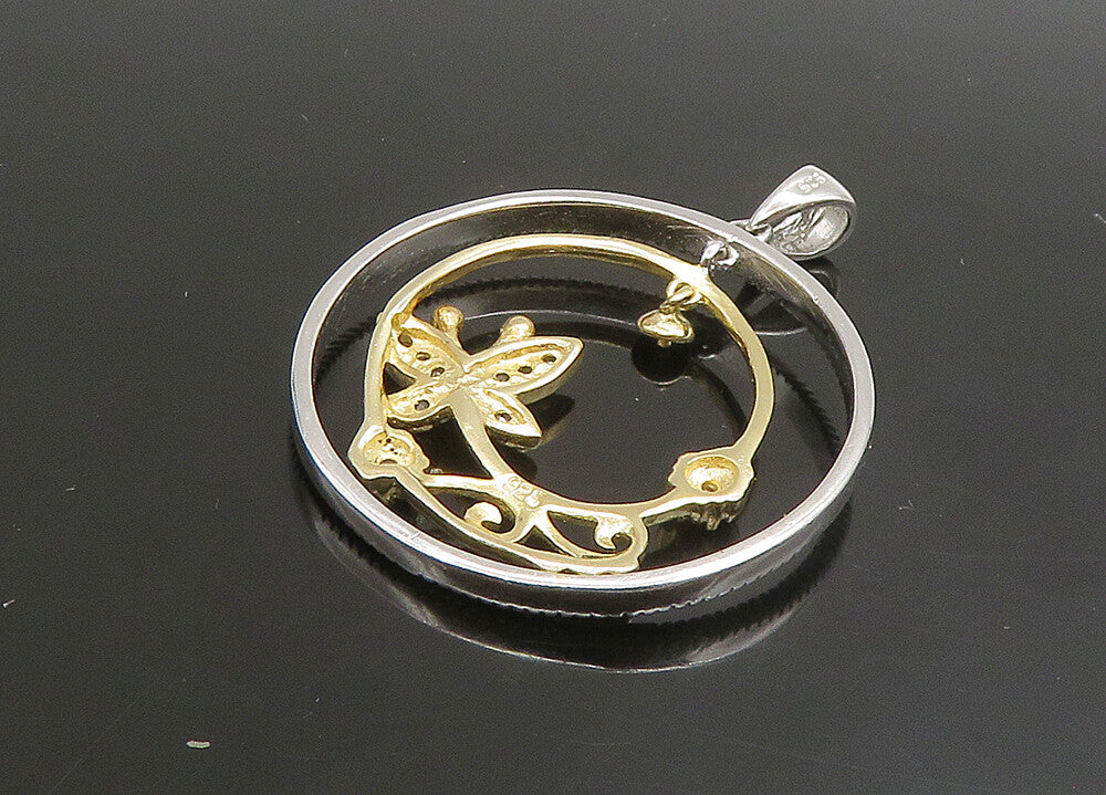 925 Sterling Silver  Vintage Genuine Diamonds 2 Tone Butterfly Pendant PT19122