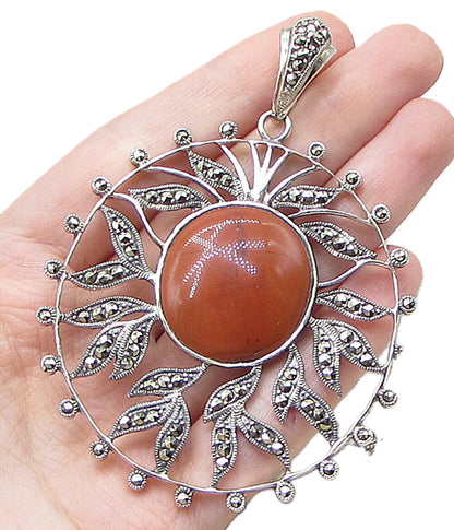 925 Sterling Silver  Red Jasper & Marcasite Floral Drop Pendant  PT1383