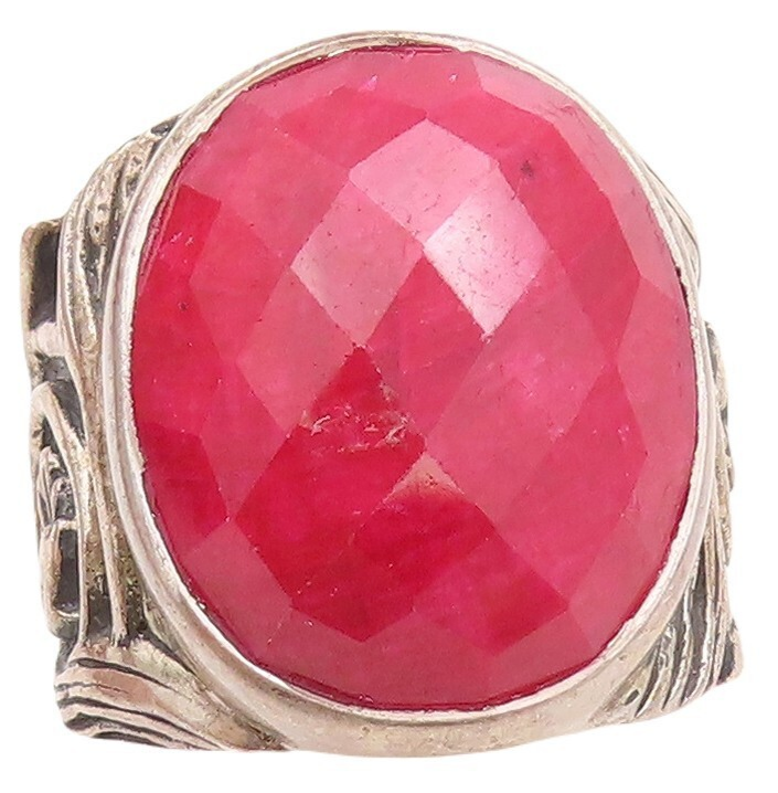 925 Sterling Silver Vintage Ring Swirly Carved Oval Red Gemstone  Sz 6.5 RG30220