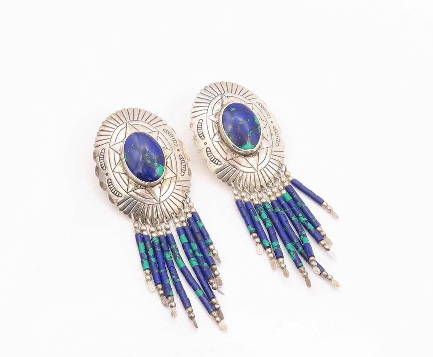 925 Sterling Silver Vintage Earrings SOUTHWESTERN Azurite Etched Dangles EG13483