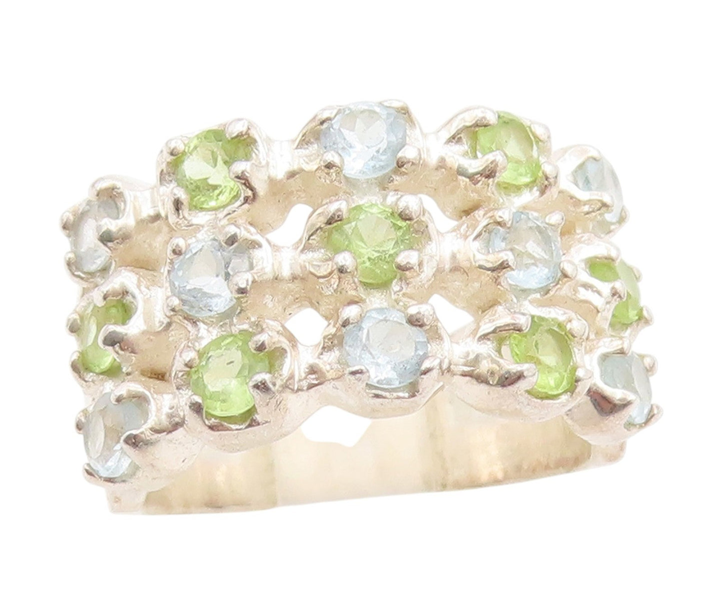 925 Sterling Silver Vintage Ring Peridot Blue Topaz Multi Row Band Sz 7 RG34074