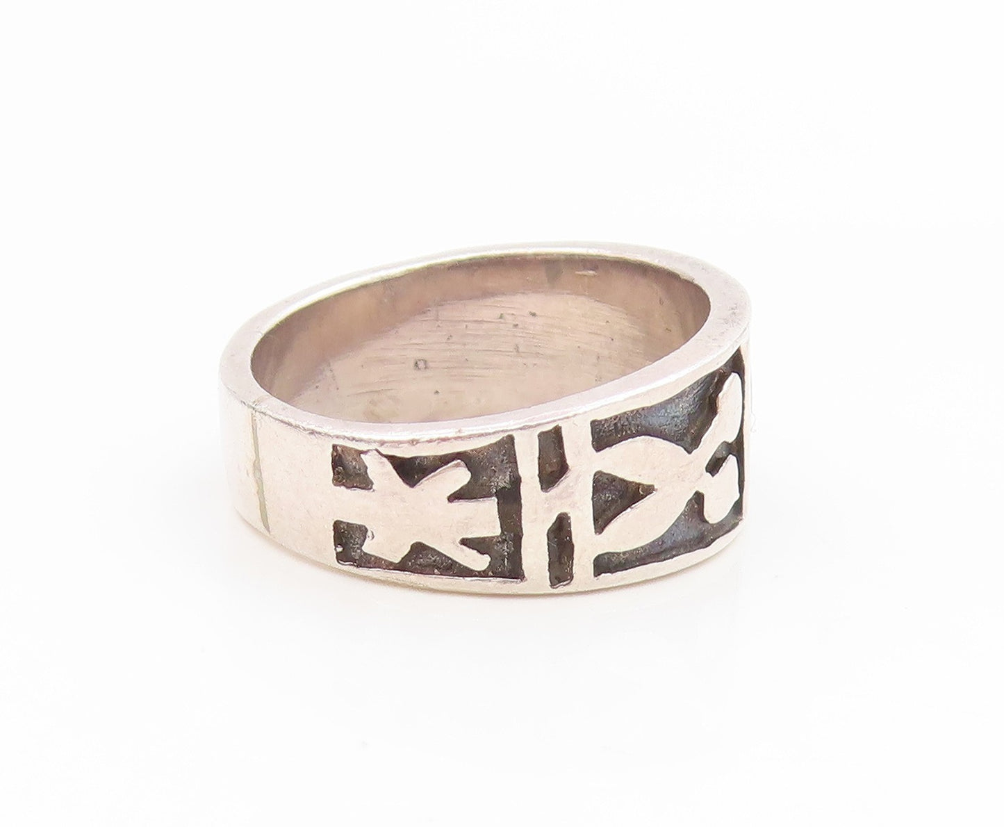 925 Sterling Silver Vintage Ring Modernist Carved Symbols Band  Sz 6  RG35297
