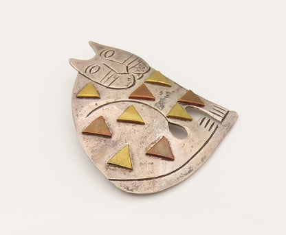 DESIGNER 925 Silver  Vintage Tri Tone Triangle Pattern Cat Brooch Pin  BP10277