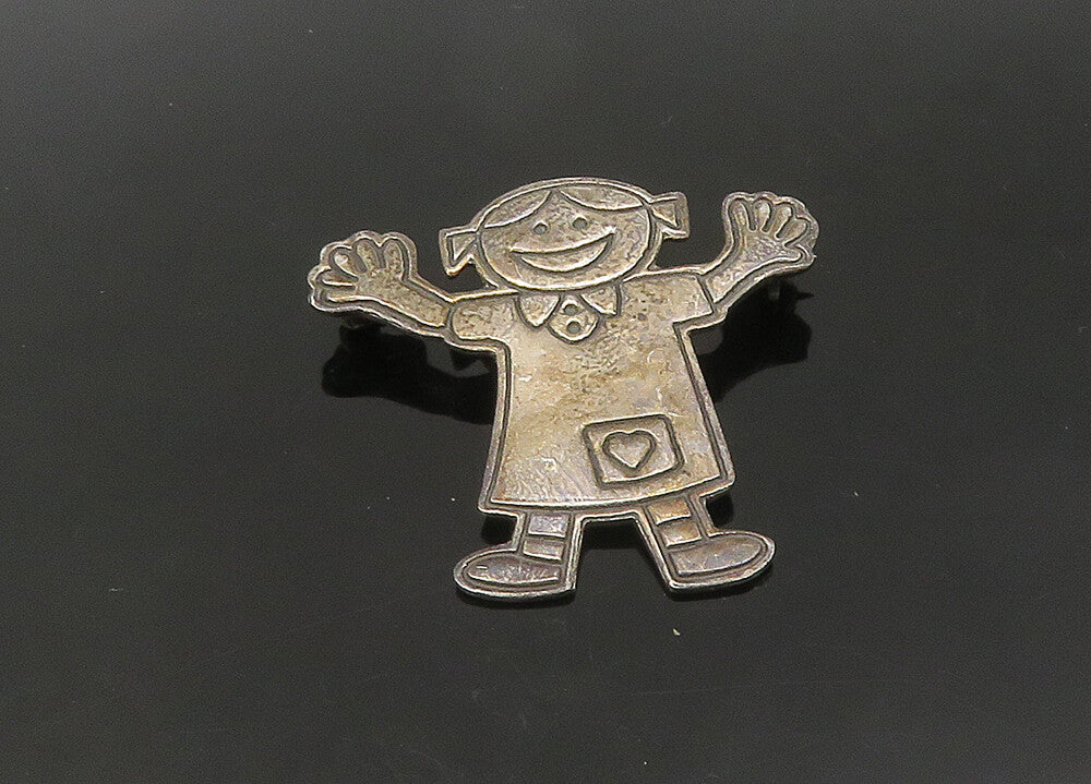 MEXICO 925 Sterling Silver  Vintage Happy Little Girl Brooch Pin  BP8489