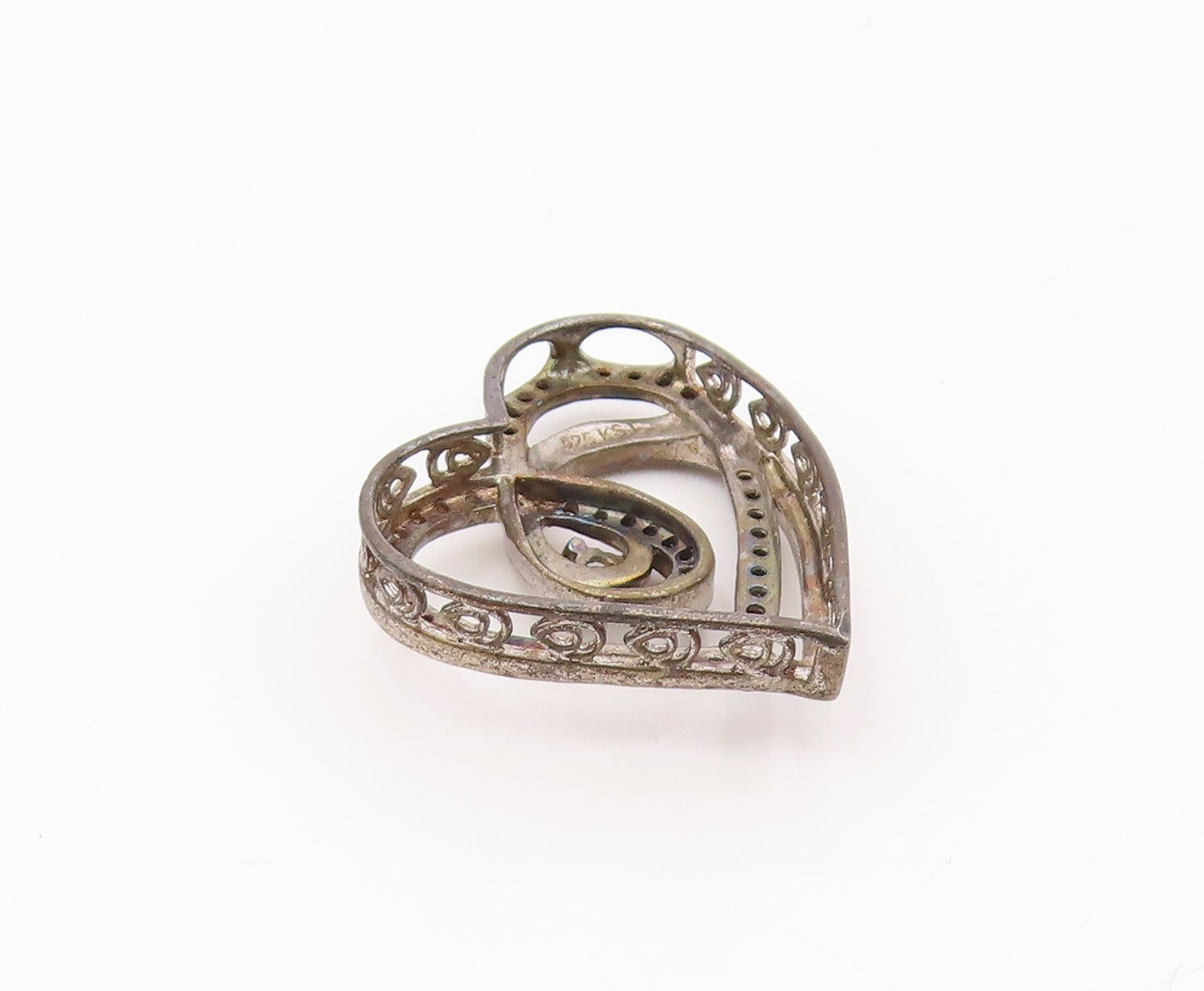 925 Sterling Silver  Vintage Genuine Diamonds Open Love Heart Pendant  PT19407