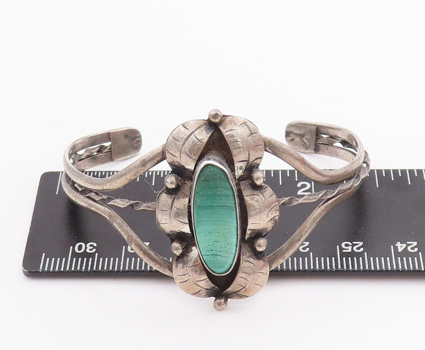 925 Sterling Silver Vintage Bracelet Oval Cut Malachite Floral Cuff  BT10661