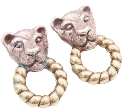 925 Sterling Silver Vintage Earrings Carved Leopard With Ring In Mouth   EG12996