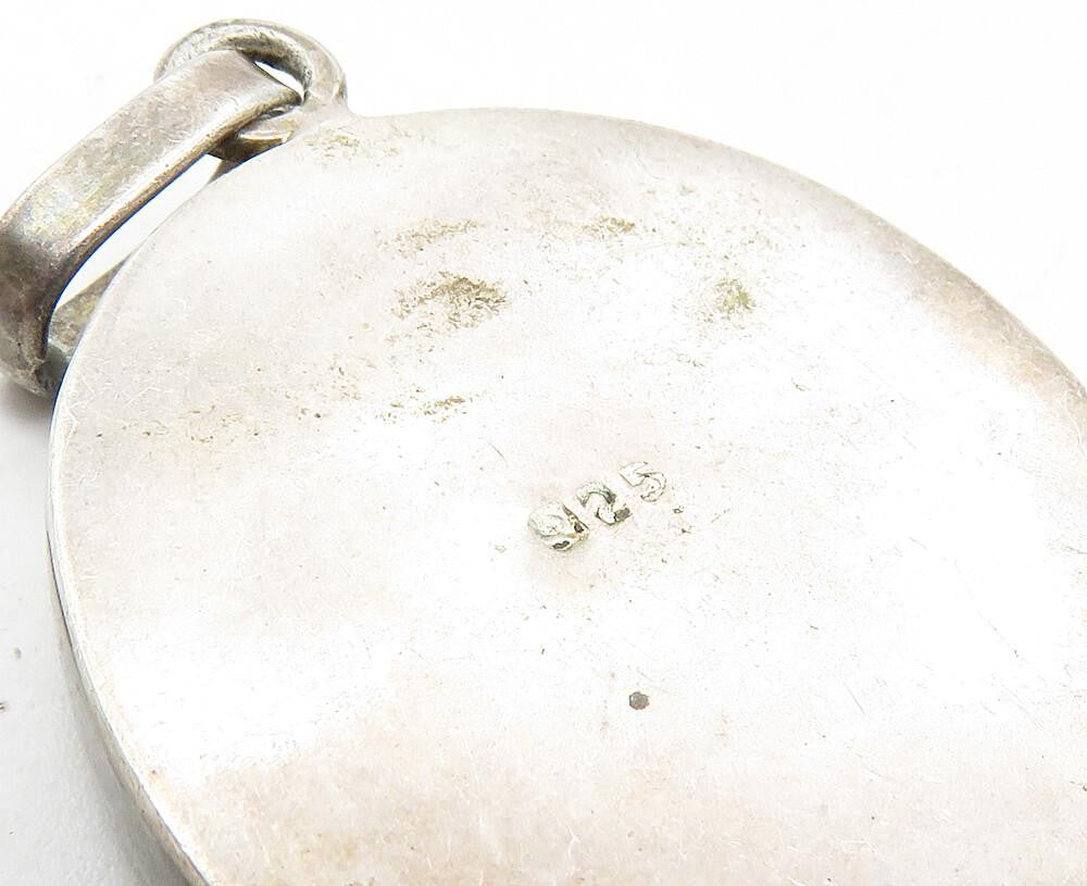 925 Sterling Silver  Vintage Glass Flower Art Oval Drop Pendant  PT7055