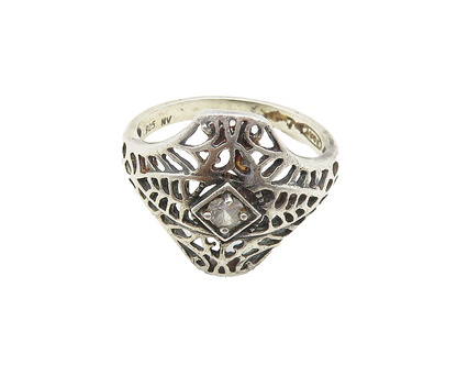 925 Sterling Silver  Vintage Topaz Cutout Design Band Ring Sz 7  RG19018