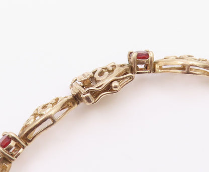 925 Sterling Silver Vintage Round Garnet & Openwork Swirl Link Bracelet BT9557