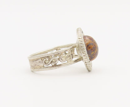 925 Sterling Silver Vintage Ring Carved Beaded Disc Enameled Stone Sz 8 RG27815