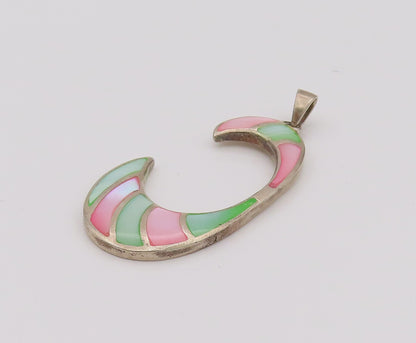 925 Sterling Silver Vintage Two Tone Mother Of Pearl Reverse C Pendant PT22053