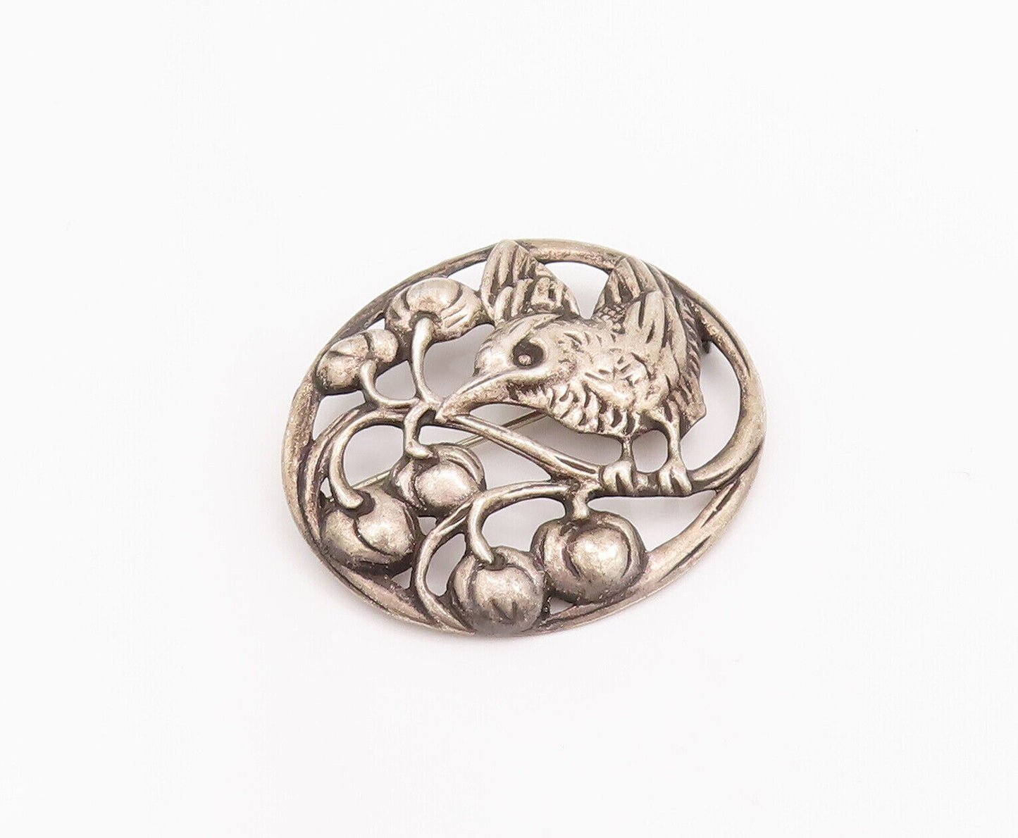 925 Sterling Silver Vintage Brooch Pin Antique Carved Bird On Tree  BP10829