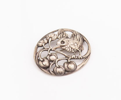 925 Sterling Silver Vintage Brooch Pin Antique Carved Bird On Tree  BP10829