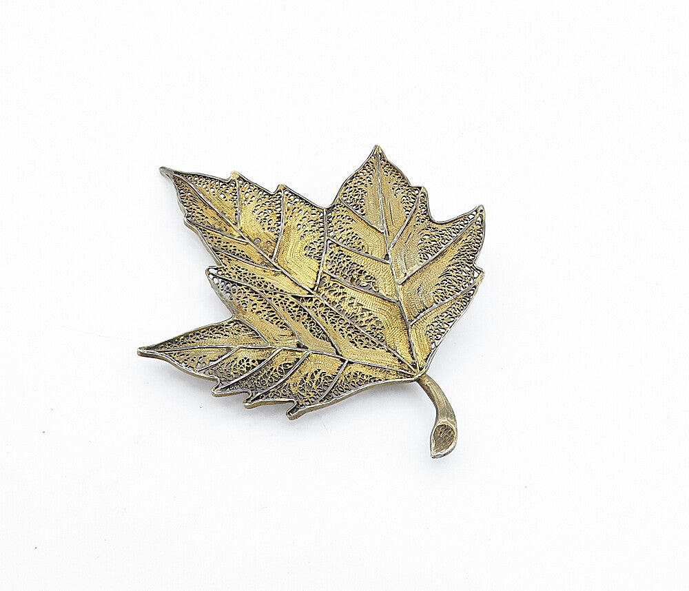 PORTUGAL 925 Sterling Silver  Vintage Filigree Autumn Leaf Brooch Pin  BP1363