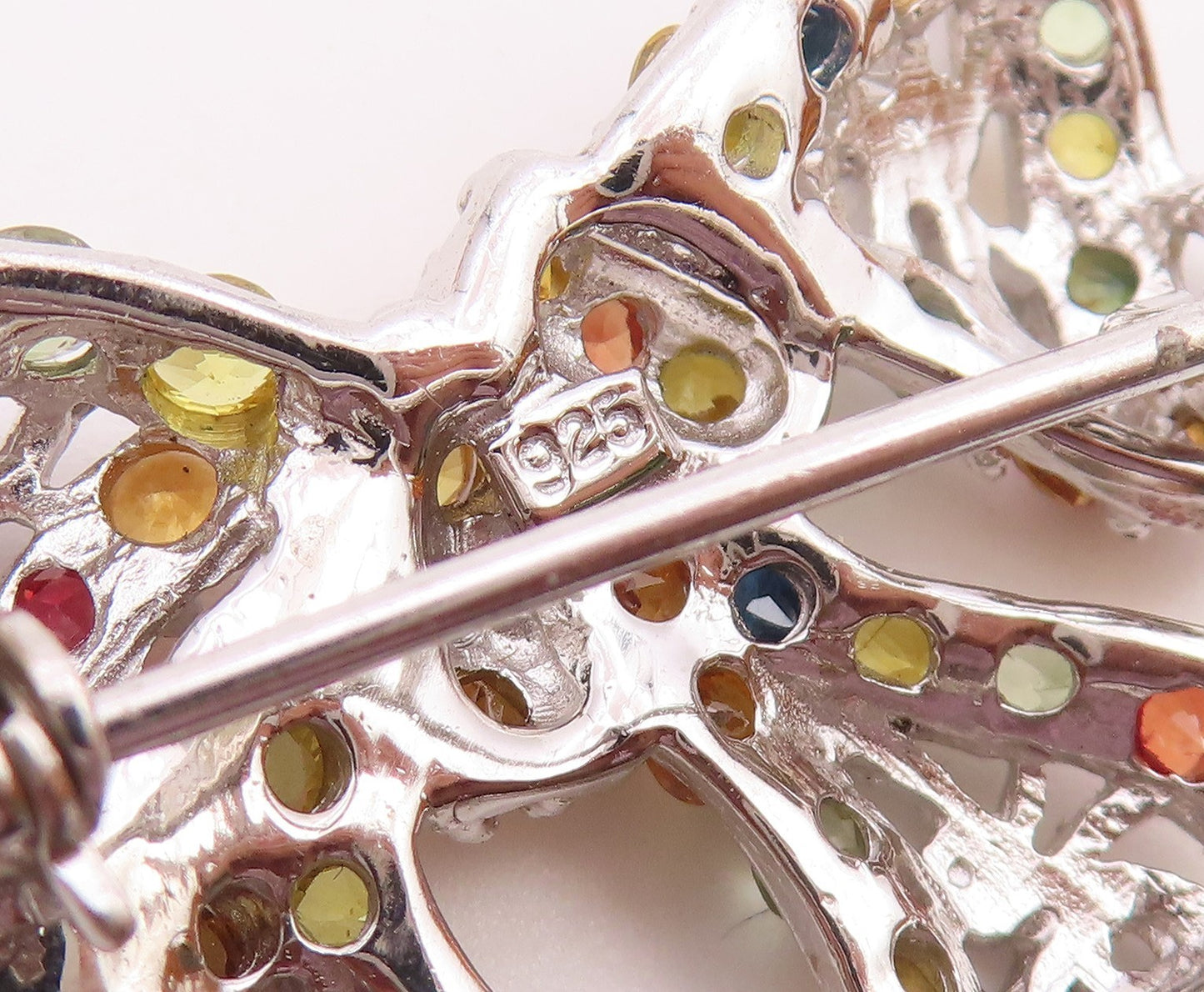925 Sterling Silver Vintage Citrine Tanzanite Peridot Ribbon Bow Brooch  BP8411