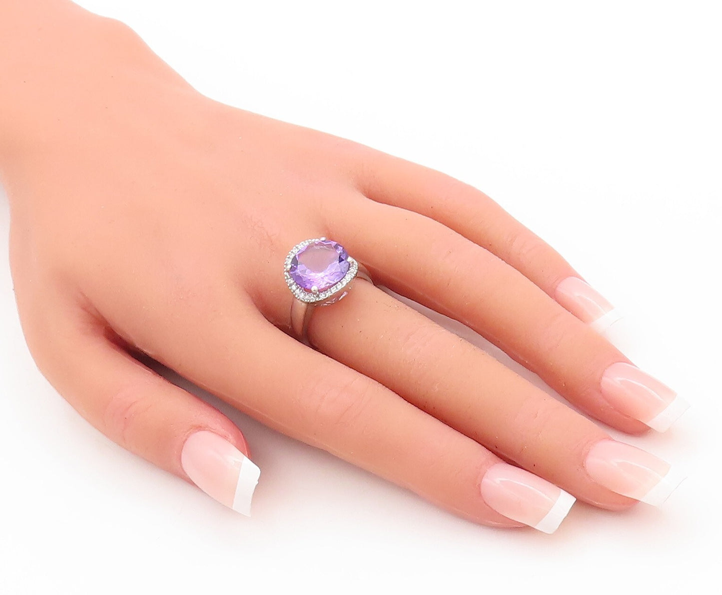 925 Sterling Silver Vintage Ring Round Cut Amethyst Halo CZ  Sz 7.5  RG29571