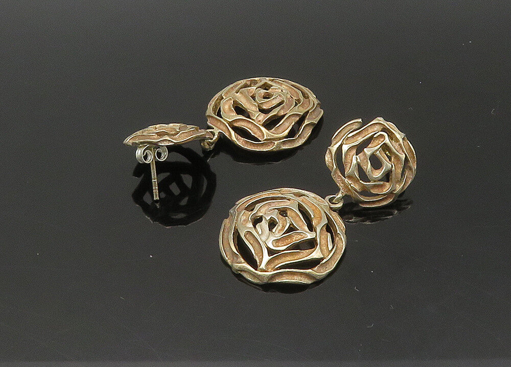 925 Sterling Silver  Vintage Rose Flowers Motif Dangle Earrings  EG10808