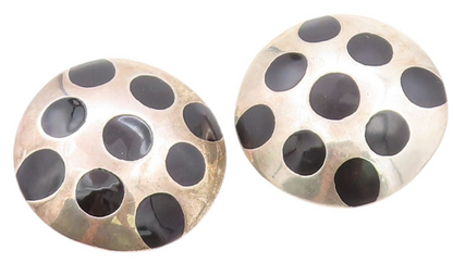 925 Sterling Silver Vintage Earrings MEXICO Polka Dot Onyx Design Disk  EG13578