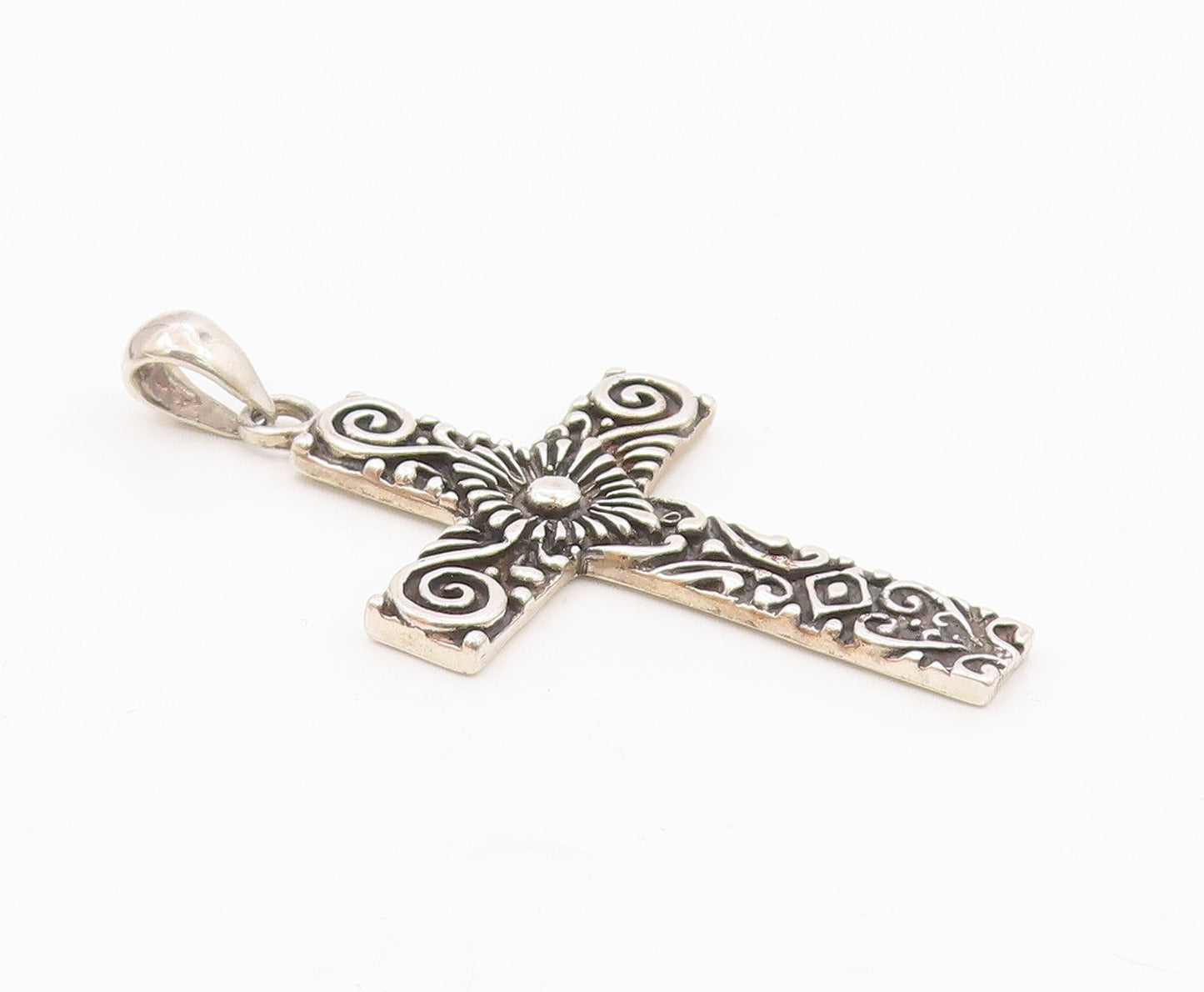 925 Sterling Silver  Vintage Shiny Swirl Religious Cross Pendant  PT15071
