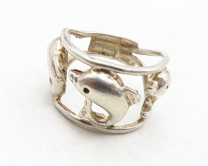 925 Sterling Silver  Vintage Shiny Triple Dolphin Band Ring Sz 7.5  RG13169