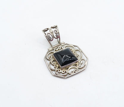 925 Sterling Silver  Vintage Cabochon Black Onyx Swirl Octagon Pendant  PT3856